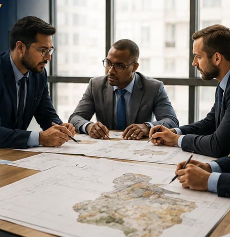 Three advisers reviewing a geological map at a boardroom table