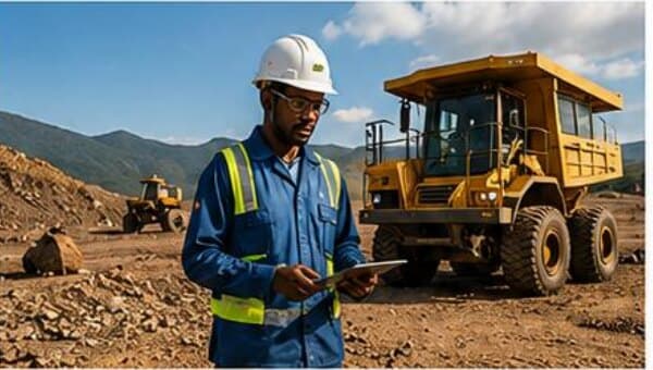 Two geologists in hard hats reading drill core and maps in the field