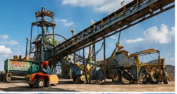 An excavator loading a haul truck on the benches of an open pit mine